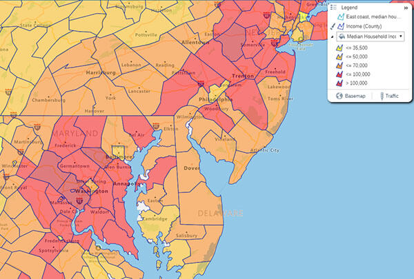 Median household income by county