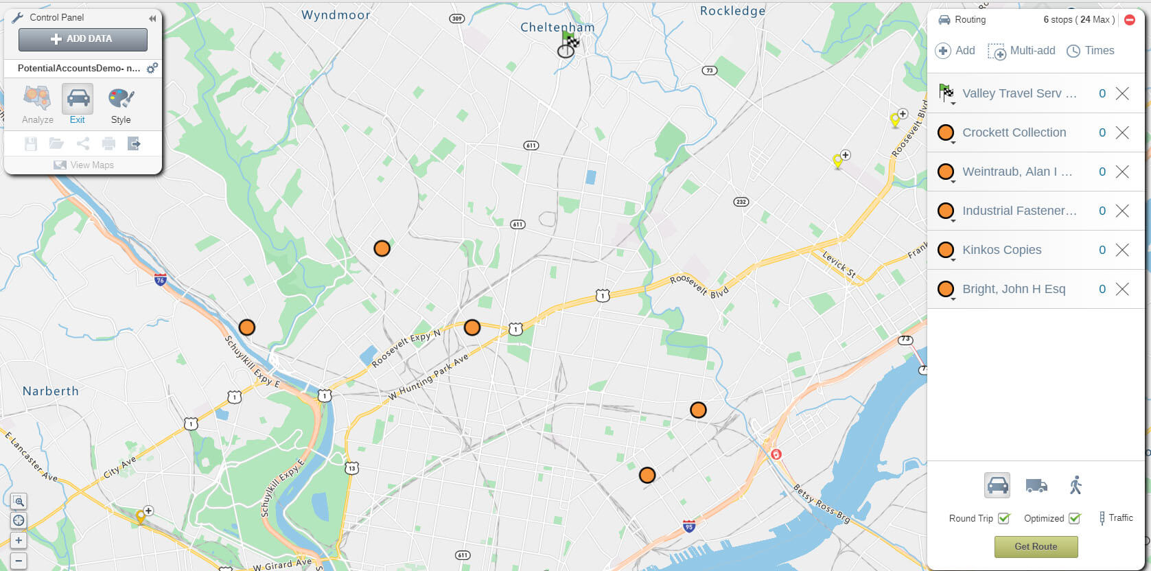 Appointments selected on a route map