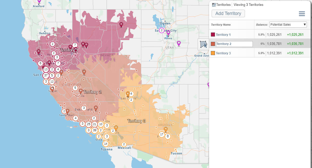 A map made with the best sales territory mapping software