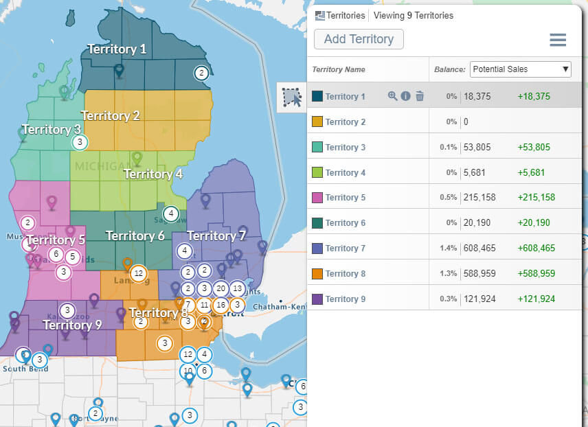 Territory management map for Michigan