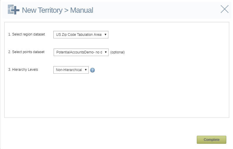 Manual sales territory builder settings screen