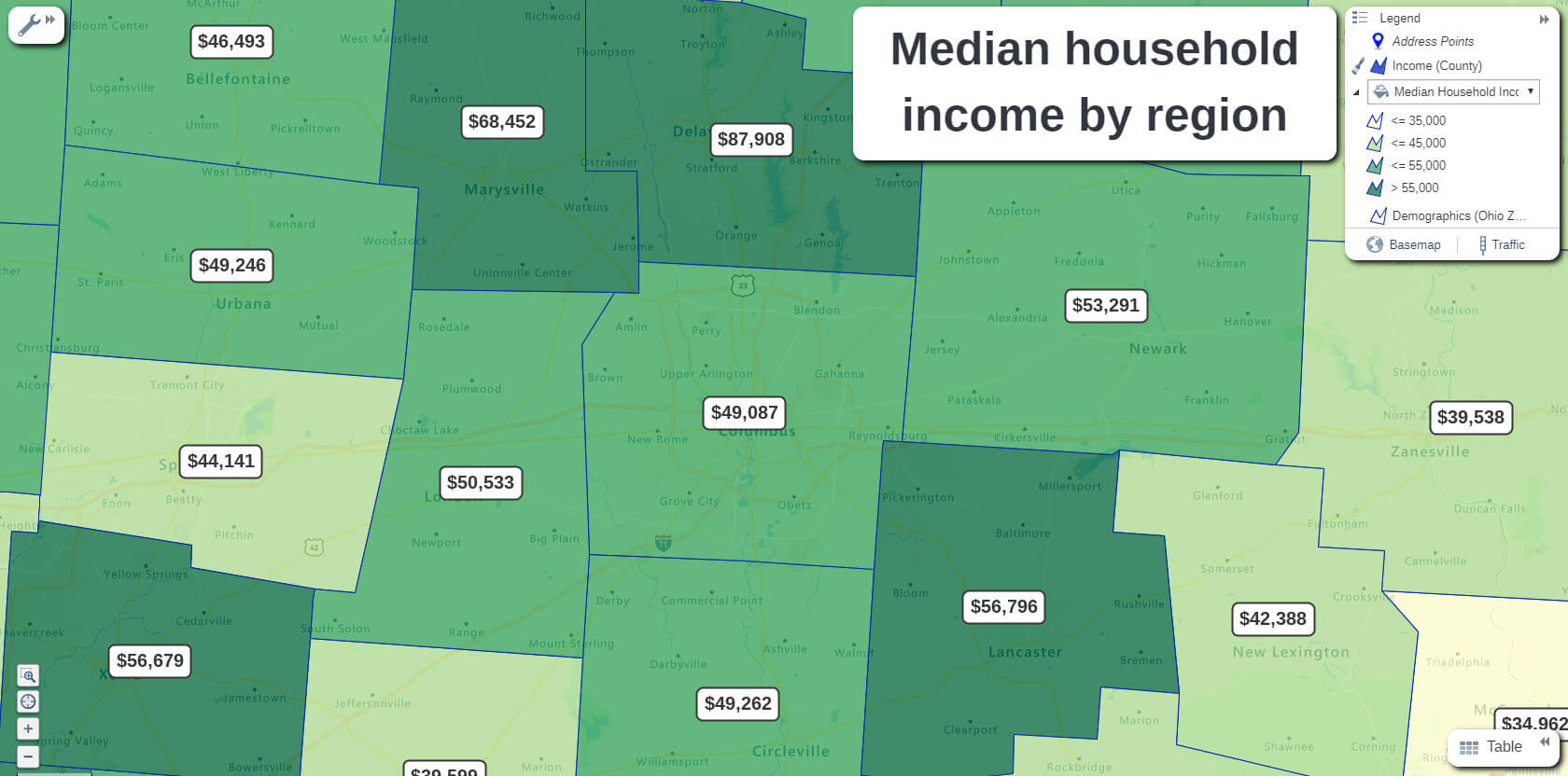 Of the areas around Columbus, OH, Marysville, Delaware and Lancaster have high median household incomes. This could make them good areas to advertise in for a home care agency based in Columbus.