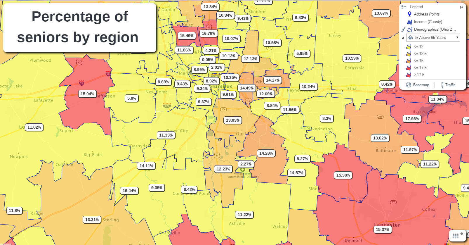 Three ZIP codes in Columbus have a high percentage of people over 65. These would be good areas to target family doctors. Lancaster also has both a high percentage of seniors and a high median household income.