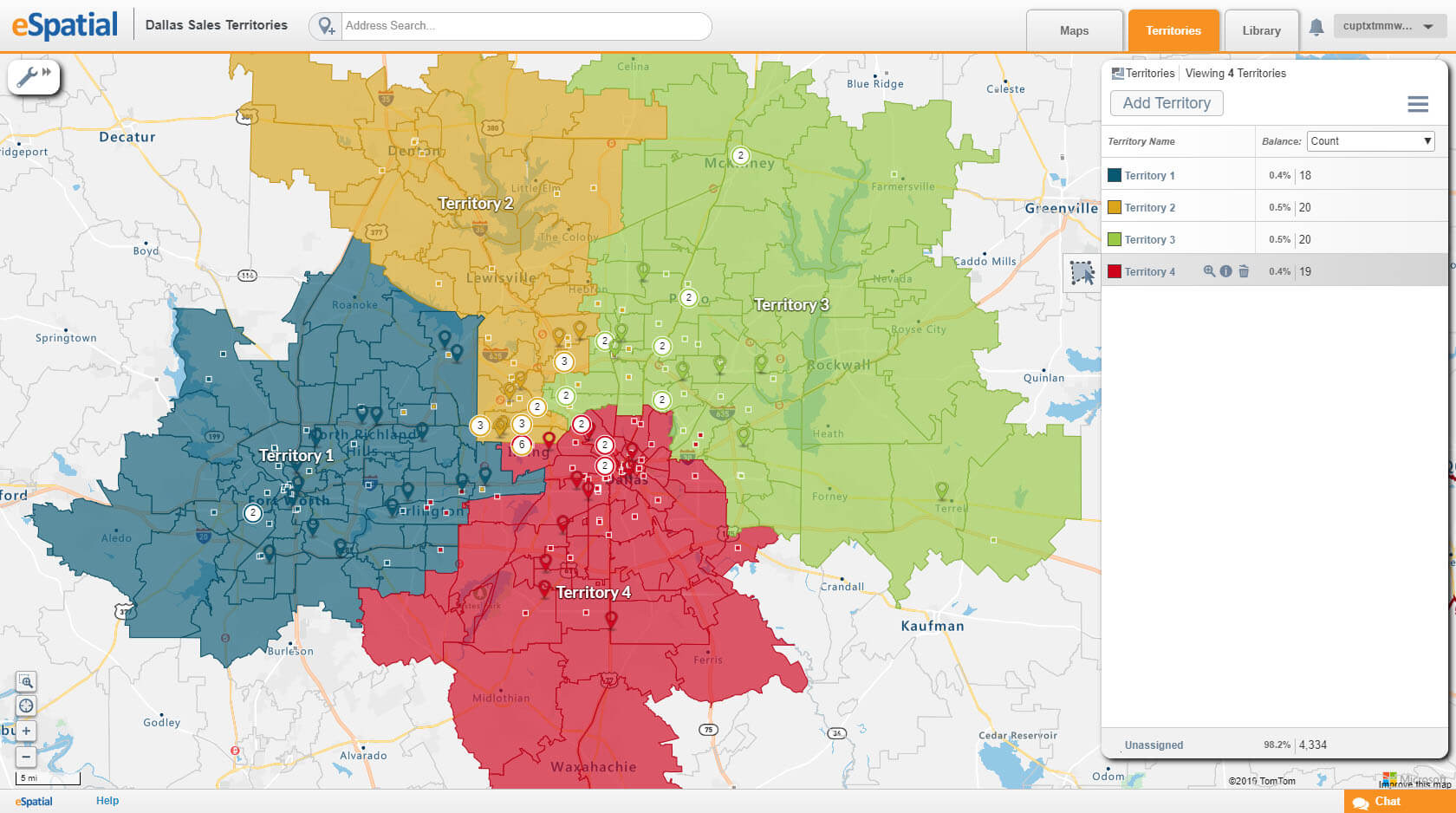 The sales rep covering Territory 4, indicated in red, is leaving the company. The regional manager will have to shift resources to cover the market.