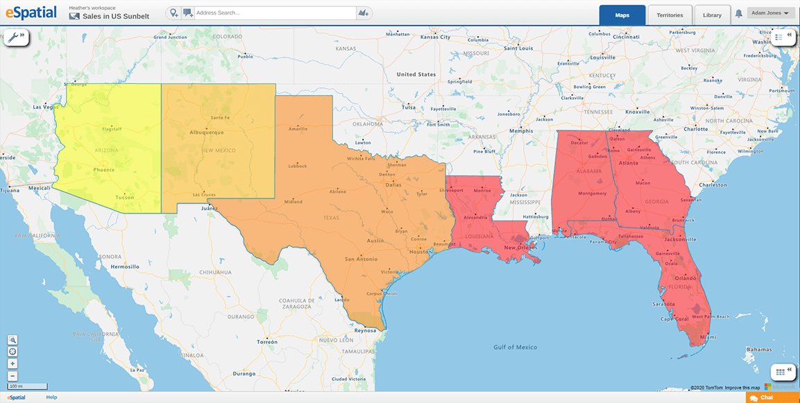 An online heat map that shows sales within the US sun belt states.