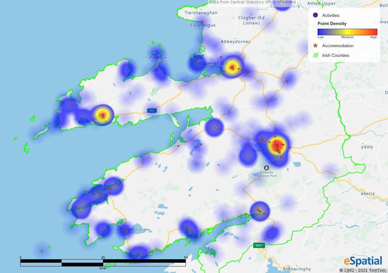 Hot spot heat map of accommodation in Co. Kerry.