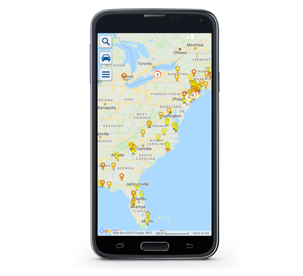 Mobile map USA east coast with map markers