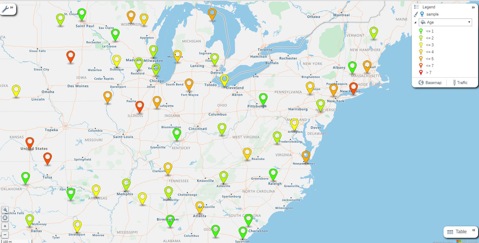 A pin geo map of the eastern US